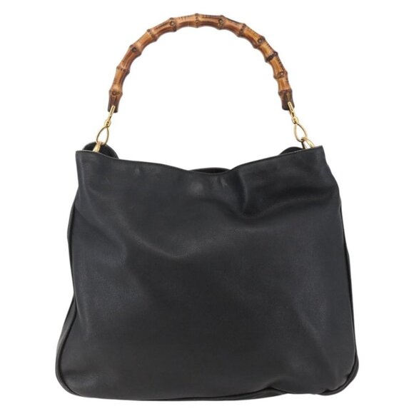 GUCCI Bamboo Shoulder Bag Leather Black Gold Auth - Picture 2 of 15